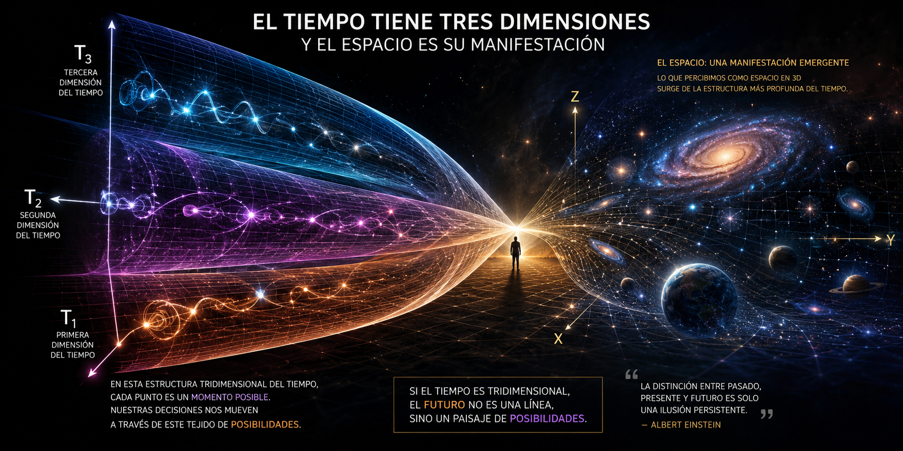 Diagrama del modelo de tres dimensiones temporales T₁, T₂, T₃ con el espacio 3D como manifestación emergente
