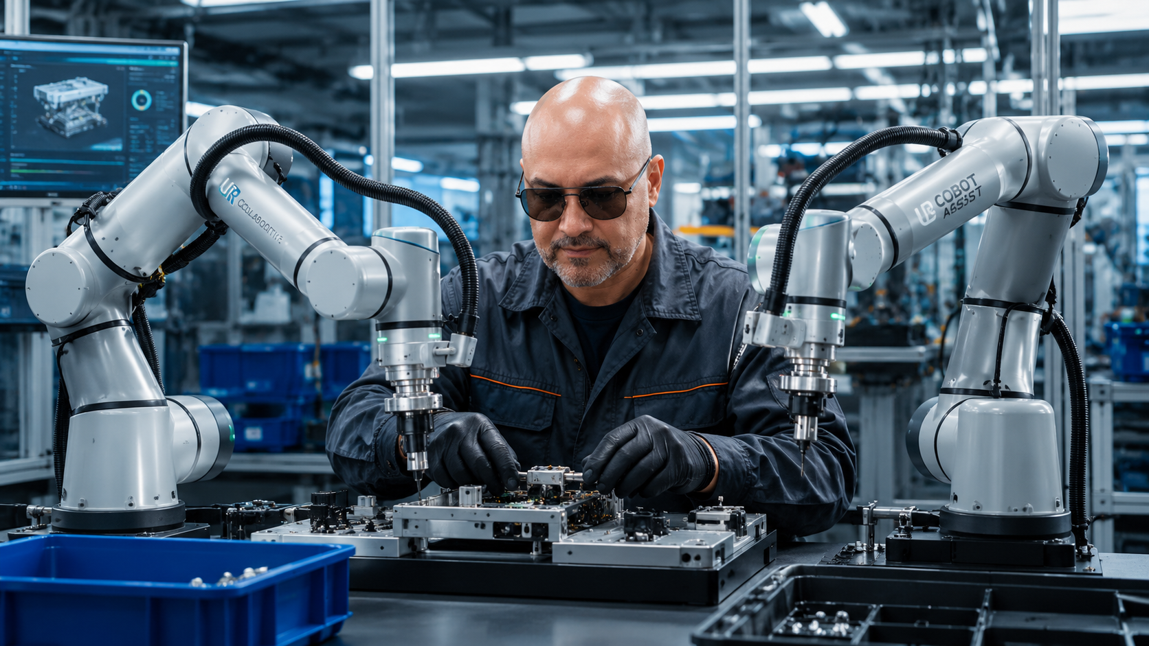 Operario trabajando junto a dos brazos cobots colaborativos en una fábrica moderna