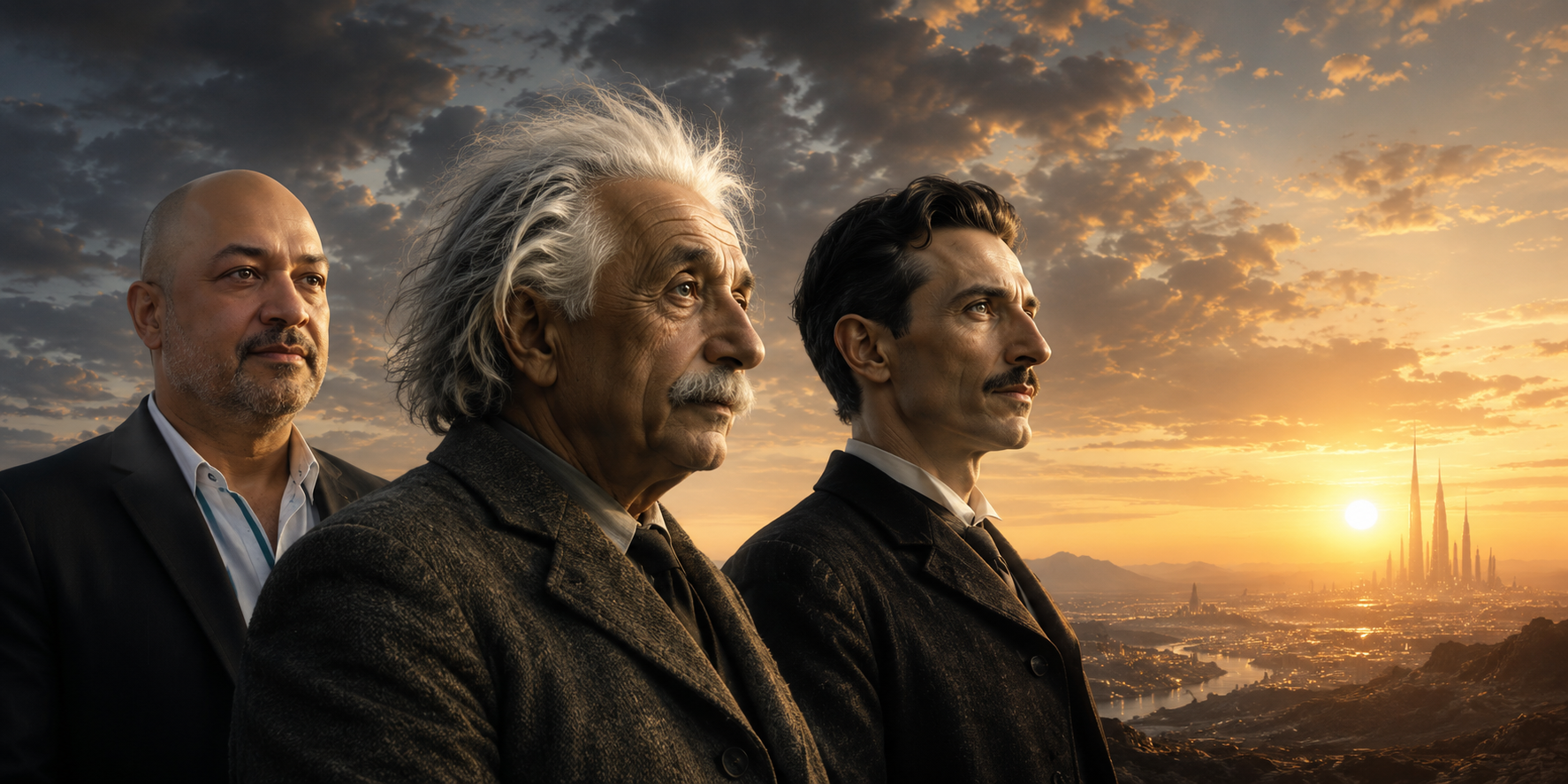 Retrato de Álvaro Abril, Albert Einstein y Nikola Tesla mirando hacia un horizonte con una ciudad futurista al atardecer